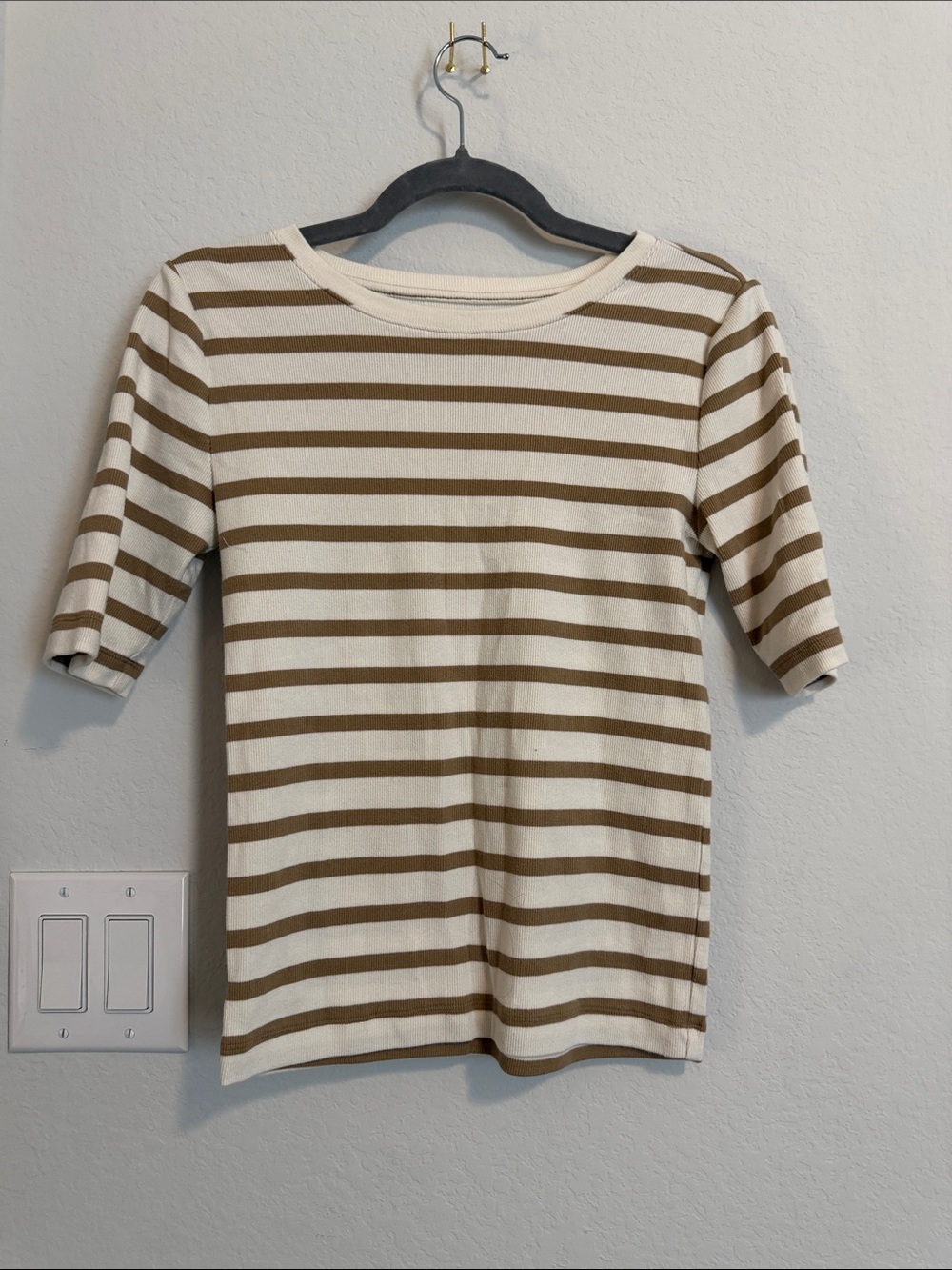 LOFT Cream and Brown Striped Short Sleeve Top